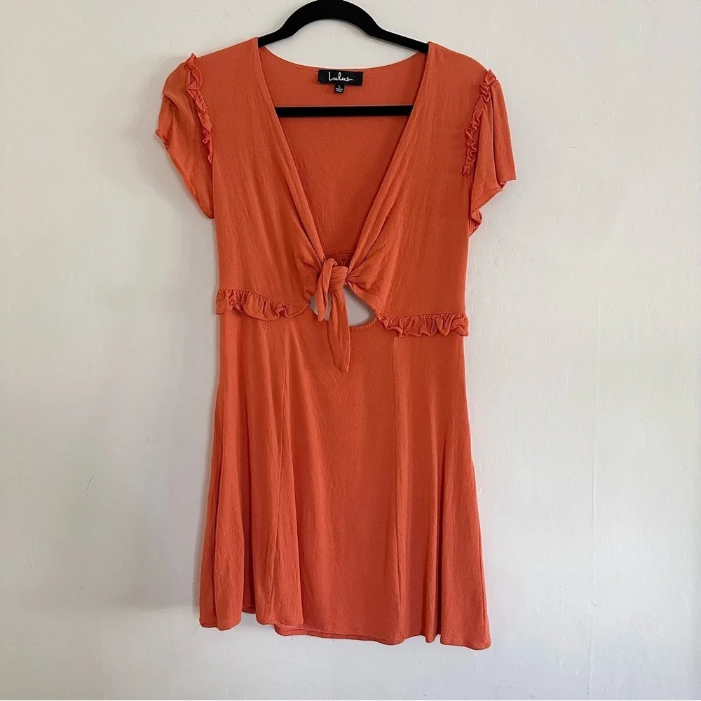 Lulu's Coral Sea Day Skater Dress Tie Front V-neck Flutter Sleeve Size Large